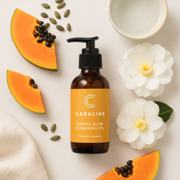 Caraline Skincare Gentle Glow Cleansing Oil with slices of papaya and camellia flowers