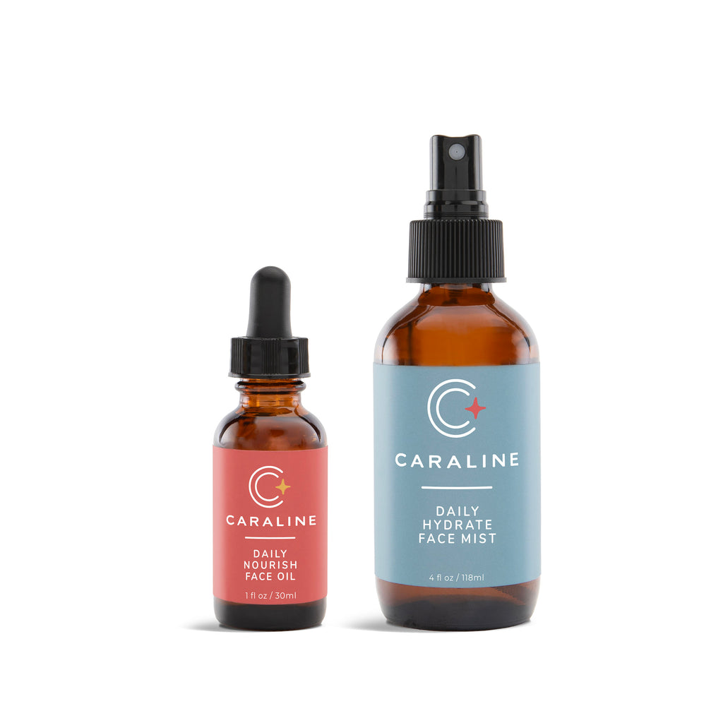 Caraline Daily Nourish Face Oil and Daily Hydrate Face Mist bottles