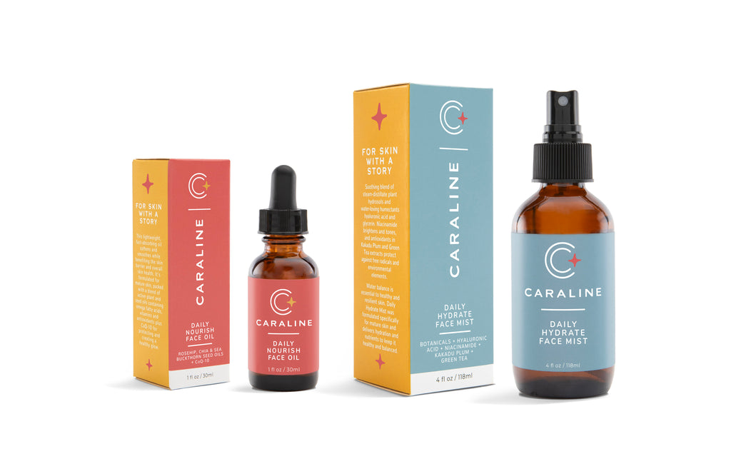 Caraline Daily Nourish Face Oil and Daily Hydrate Face Mist bottles and cartons