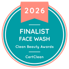 Certification badge for 'Finalist Face Wash' in the Clean Beauty Awards 2026 by CertClean.